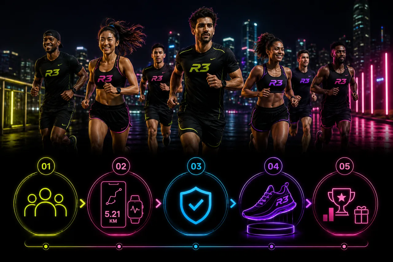 Run Run Run Club members running at night with the five-step member journey: join, upload runs, verify, choose a shoe, earn rewards